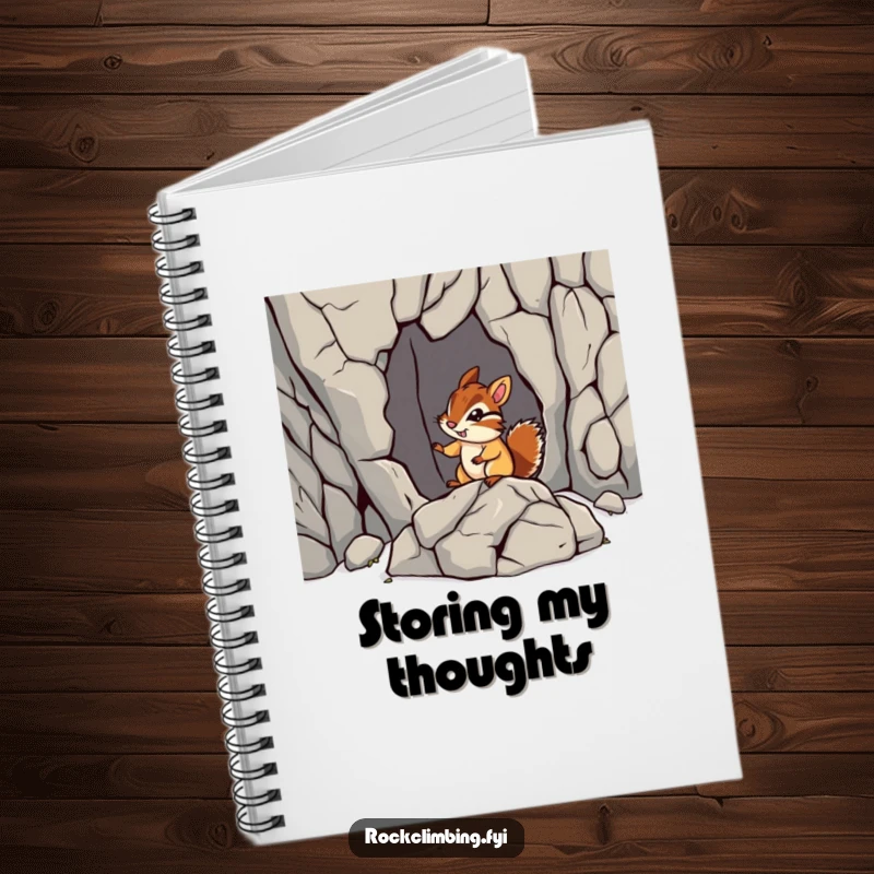 Funny chipmunk rock notebook with a chipmunk navigating a jagged rock formation. Ideal for planning adventures and note-taking.