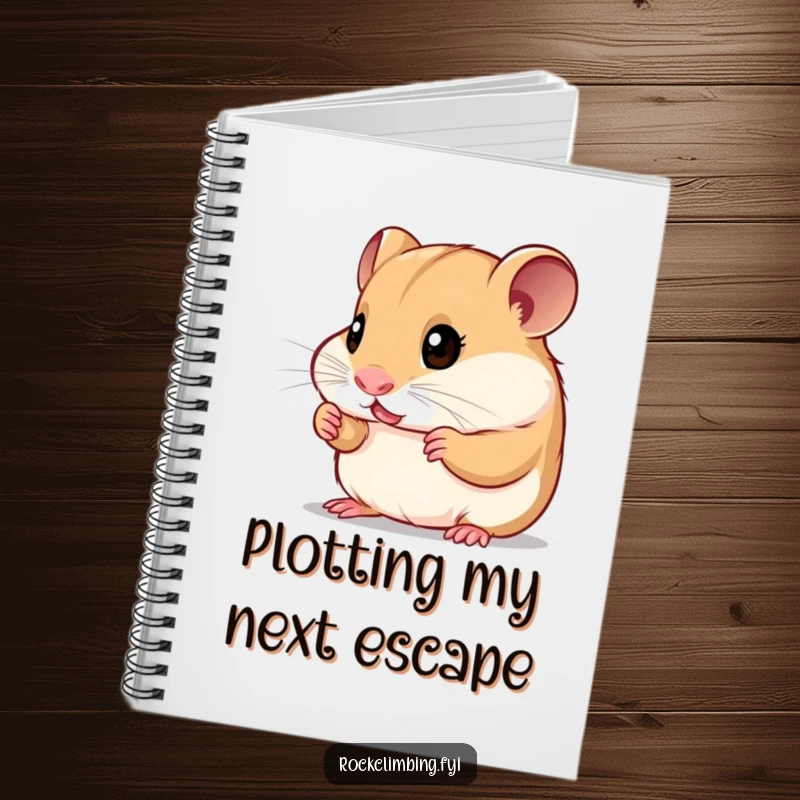 Funny curious hamster notebook with a small rodent examining tiny handholds, ideal for jotting down plans with a humorous, ambitious touch.