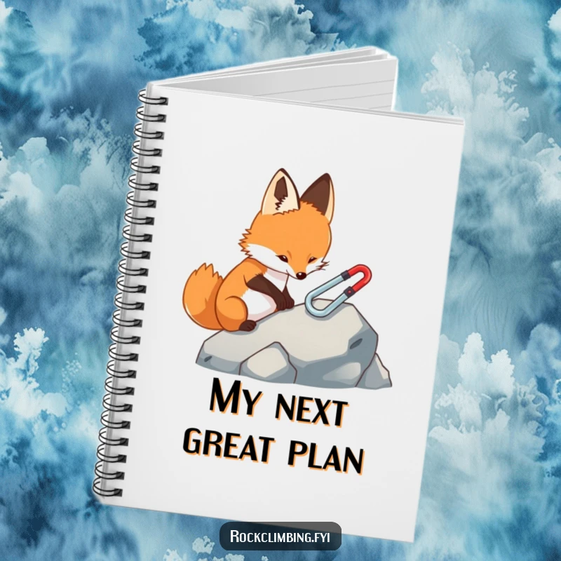 Funny fox notebook, showing a focused fox carefully placing a miniature carabiner on a rock, great for detailed planning and notes.
