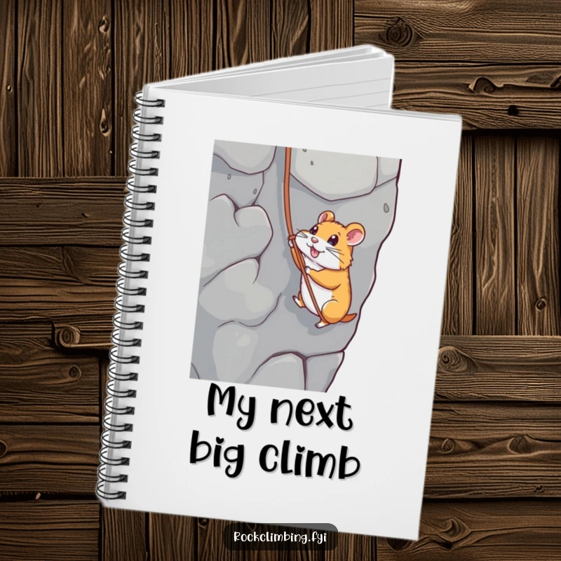 Funny notebook featuring a hamster rappelling down a rock face, perfect for recording thoughts and inspirations with a humorous touch.
