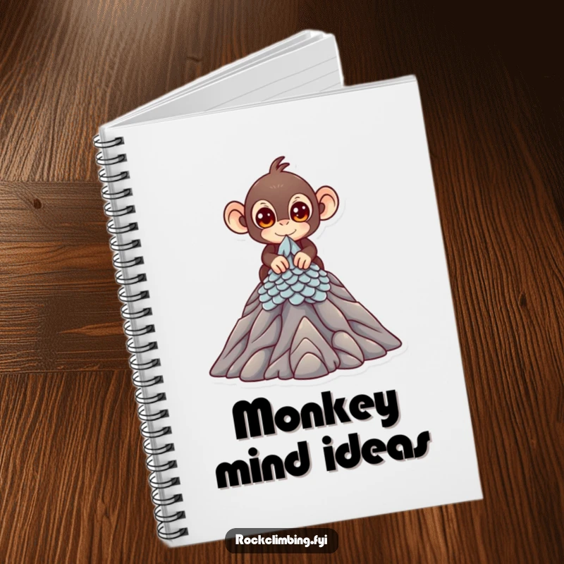 Funny Notebook with a cute monkey scaling a miniature mountain peak with bright eyes, perfect for jotting down adventure ideas.