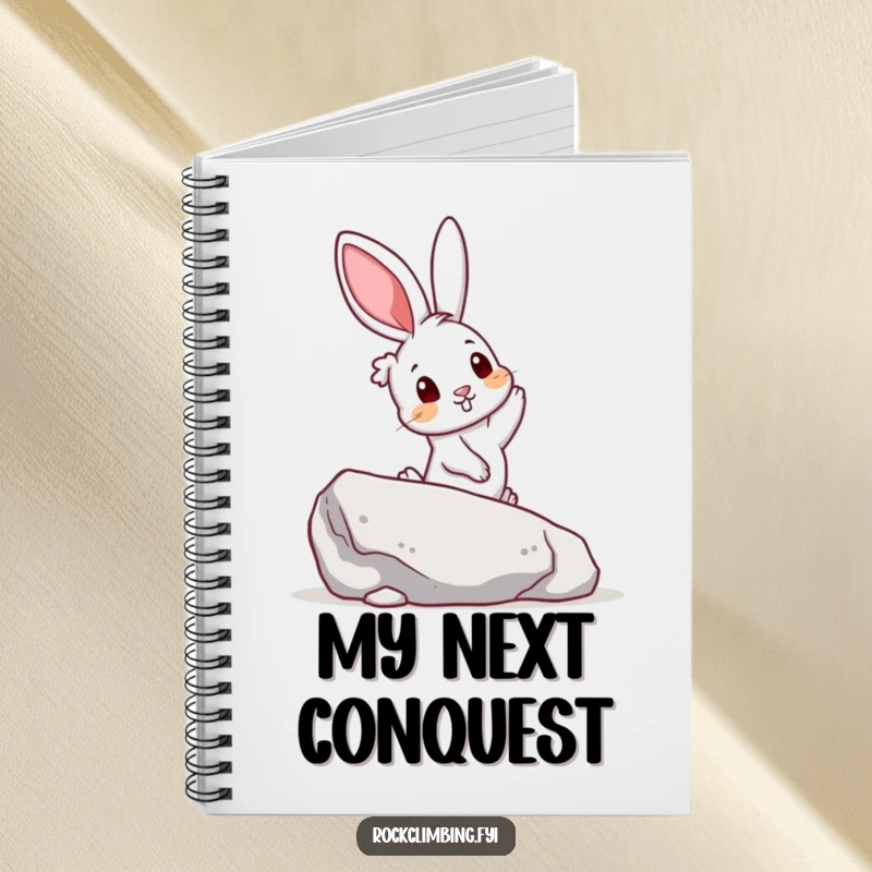 Funny notebook with a curious rabbit reaching for a colorful handhold on a boulder, for jotting down notes and inspirations.