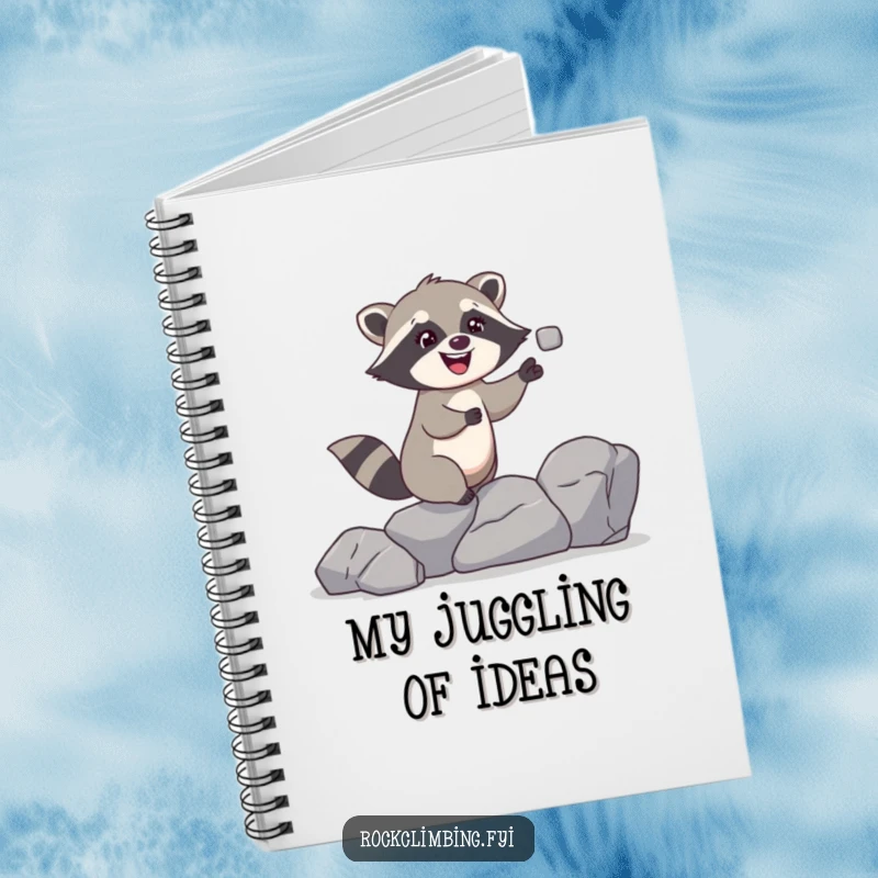 Funny raccoon notebook with a giggling raccoon juggling rocks while climbing, perfect for jotting down notes with a humorous theme.
