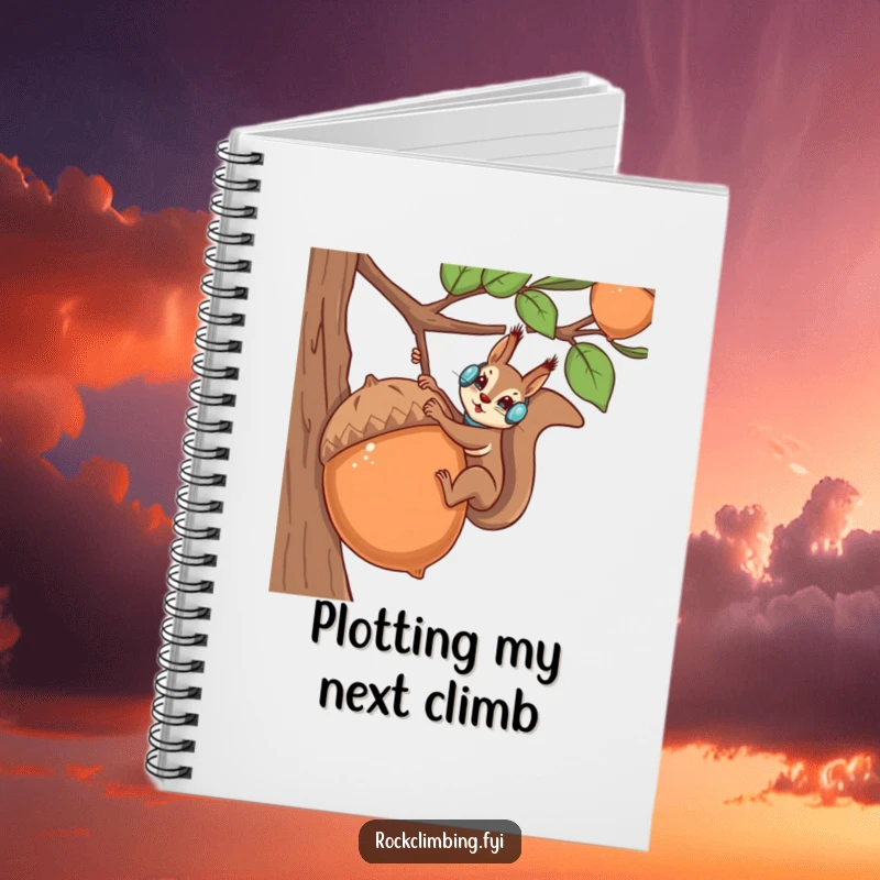 Funny squirrel wearing climbing gear and scaling an acorn on a notebook, perfect for adventurers.