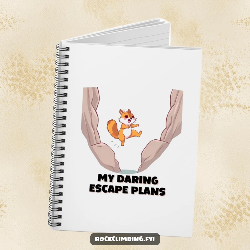 Funny determined squirrel leaping joyfully mid-air on a notebook cover, encouraging dynamic thinking.