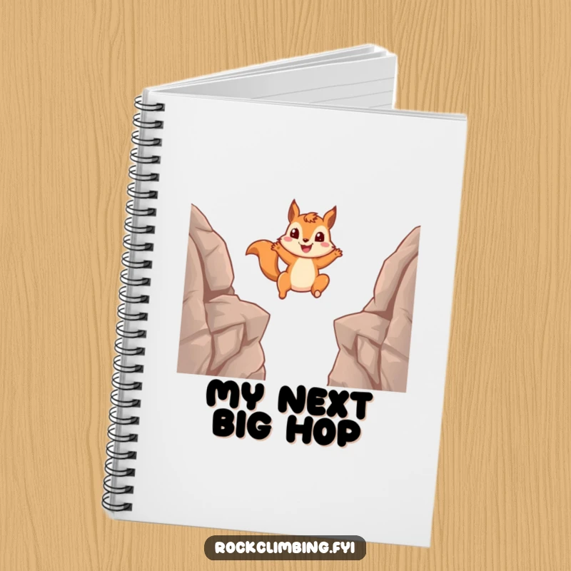 Funny squirrel notebook cover displaying a squirrel leaping between rocks, inspiring humorous planning and bold ideas.