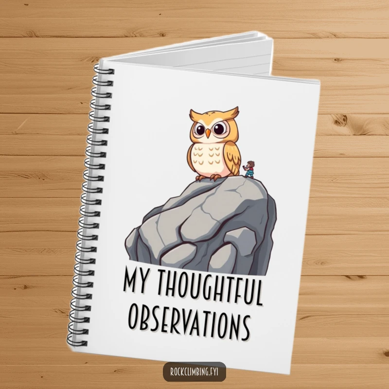Funny wise owl perched on a rocky outcrop, observing a climber with amusement on a notebook cover.