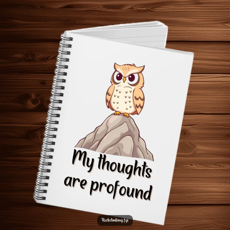 Funny owl notebook with a proud bird surveying from a rocky peak, ideal for capturing thoughts with a humorous, intellectual touch.