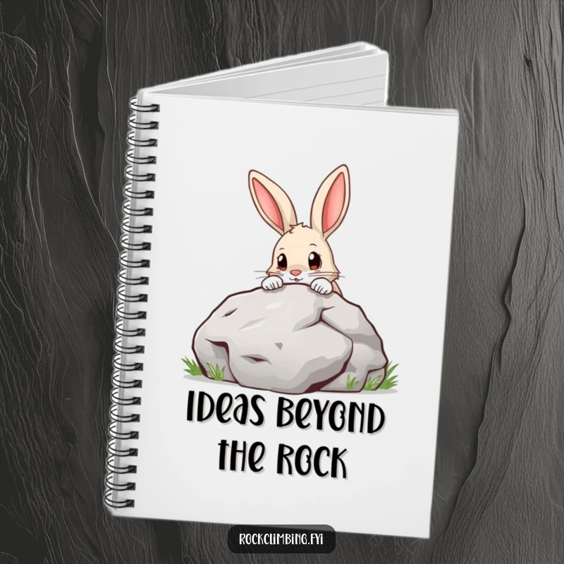 Funny Notebook with a durable cover showing a curious rabbit with a determined expression, peeking over a large boulder. Ideal for journaling.