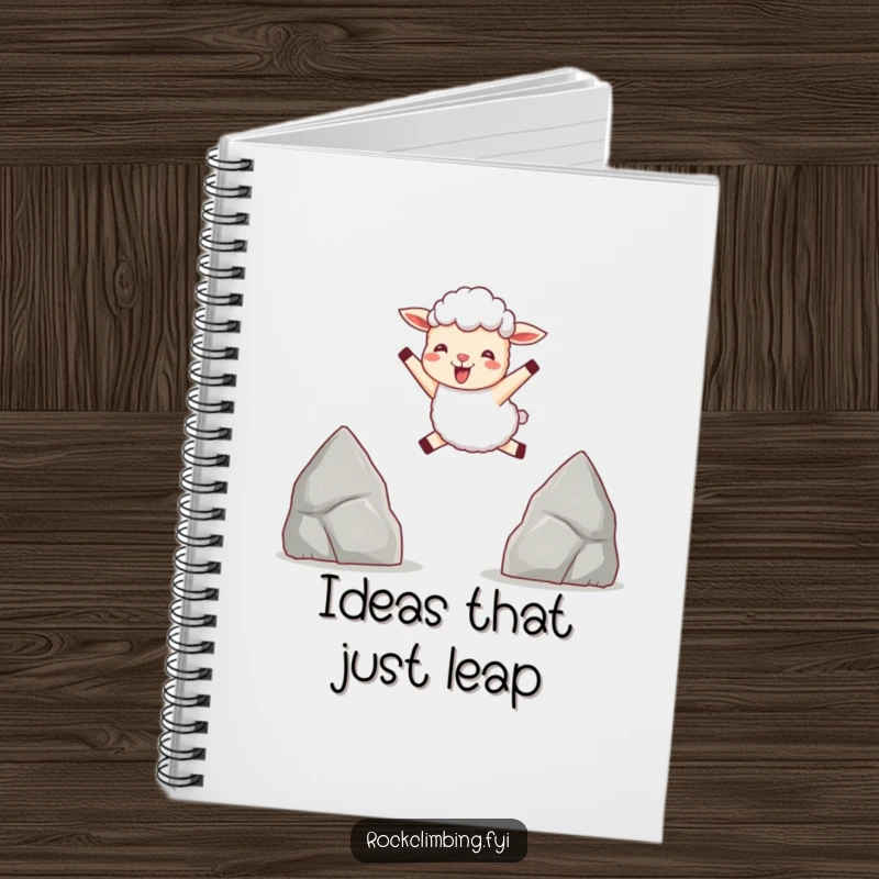 Funny notebook featuring a delighted sheep leaping between two pointed rocks, perfect for jotting down happy thoughts.