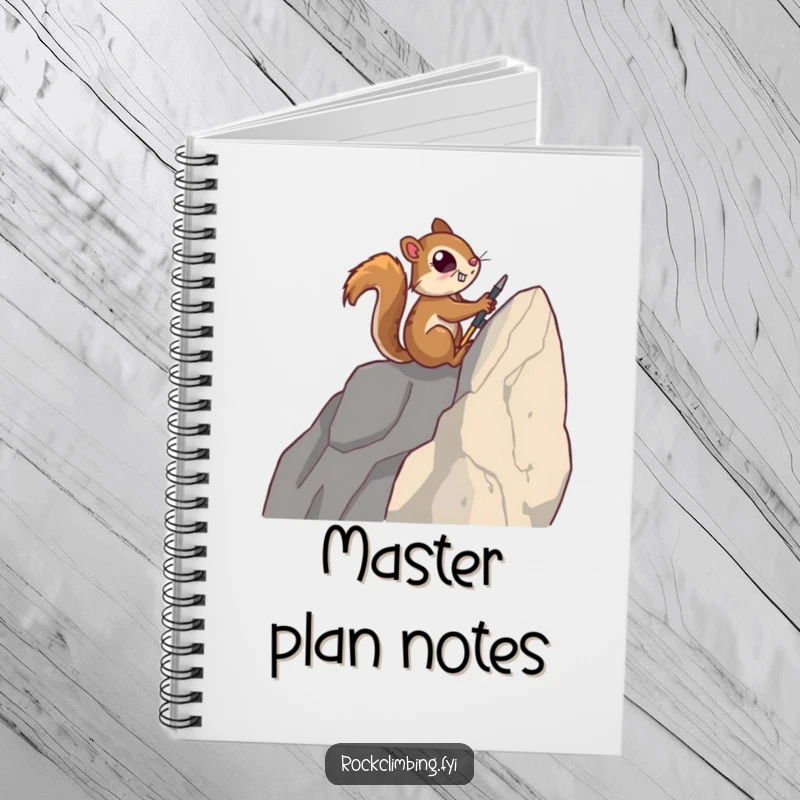 Funny notebook cover featuring a determined squirrel using tiny tools to scale a rock face, inspiring goal setting.
