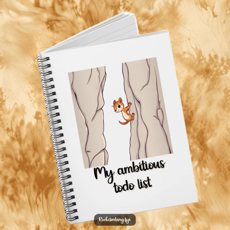 Funny squirrel notebook, showing a determined squirrel heroically scaling a sheer cliff face, perfect for jotting down ambitious thoughts and plans.
