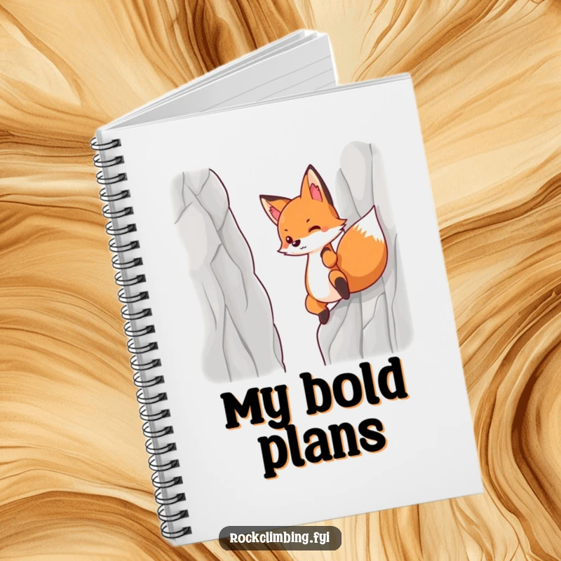 Funny notebook with a determined fox pulling itself up a steep cliff face.