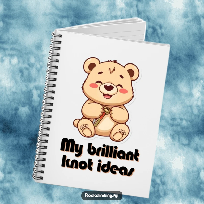 Funny bear cub notebook, a happy cub carefully places a carabiner on a knot, ready to help you record your ideas.