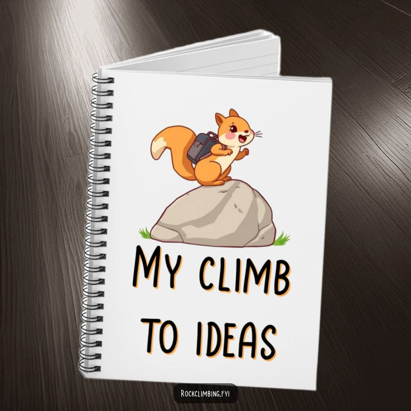 Funny joyful squirrel with a tiny backpack, ascending a large rock, featured on a notebook for adventurers.