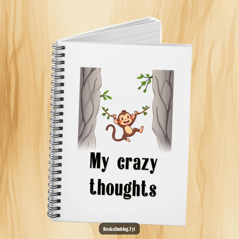 Funny Notebook with a cover showing a silly monkey swinging on a vine between two rocky peaks, ideal for brainstorming and notes.