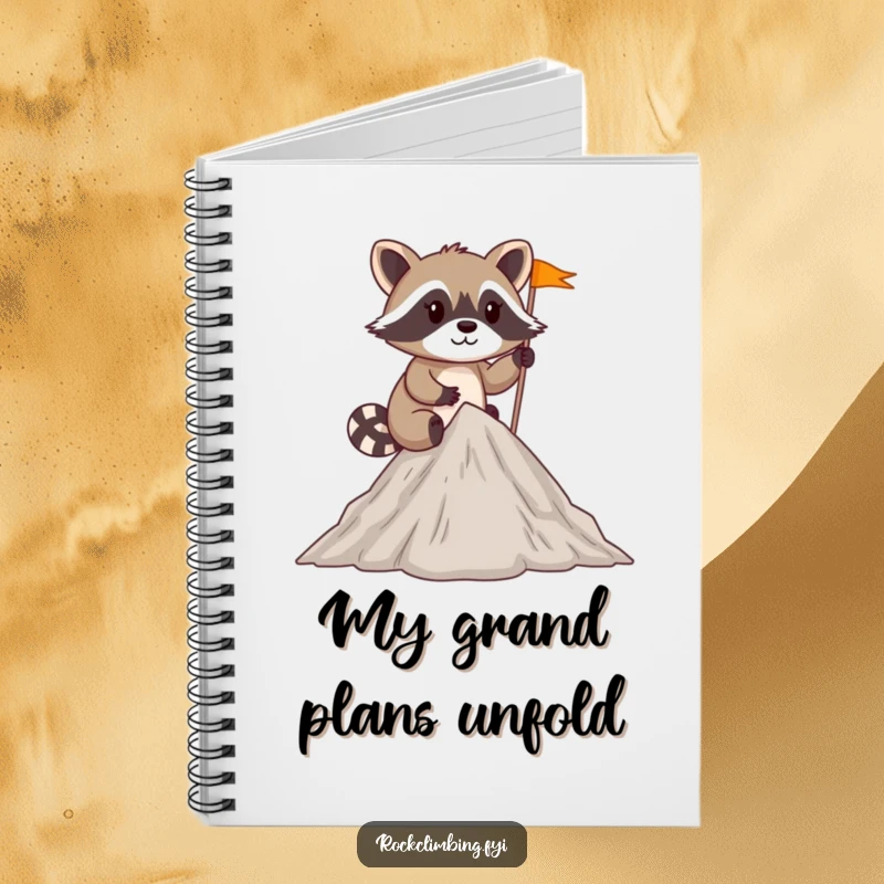 Funny mischievous raccoon planting a tiny flag at the summit of a small peak on a notebook cover.