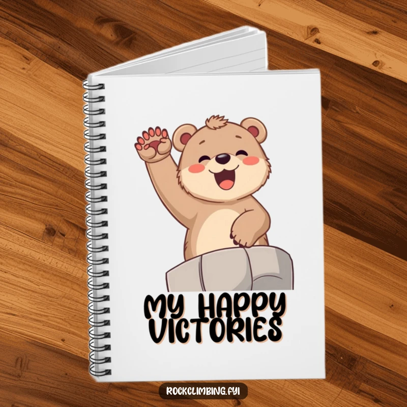 Funny bear cub notebook, showing a joyful cub exultantly cheering from a high ledge with paws raised, perfect for joyful notes.