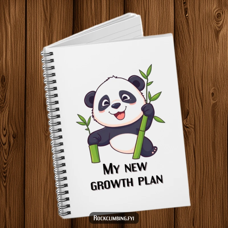 Funny panda with a determined grin climbing a bamboo stalk on a notebook cover.