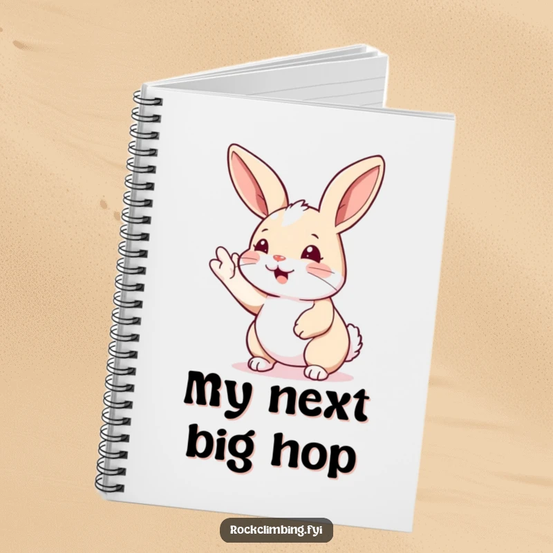 Funny rabbit climbing notebook with a rabbit reaching for a handhold. Ideal for planning adventures and note-taking.