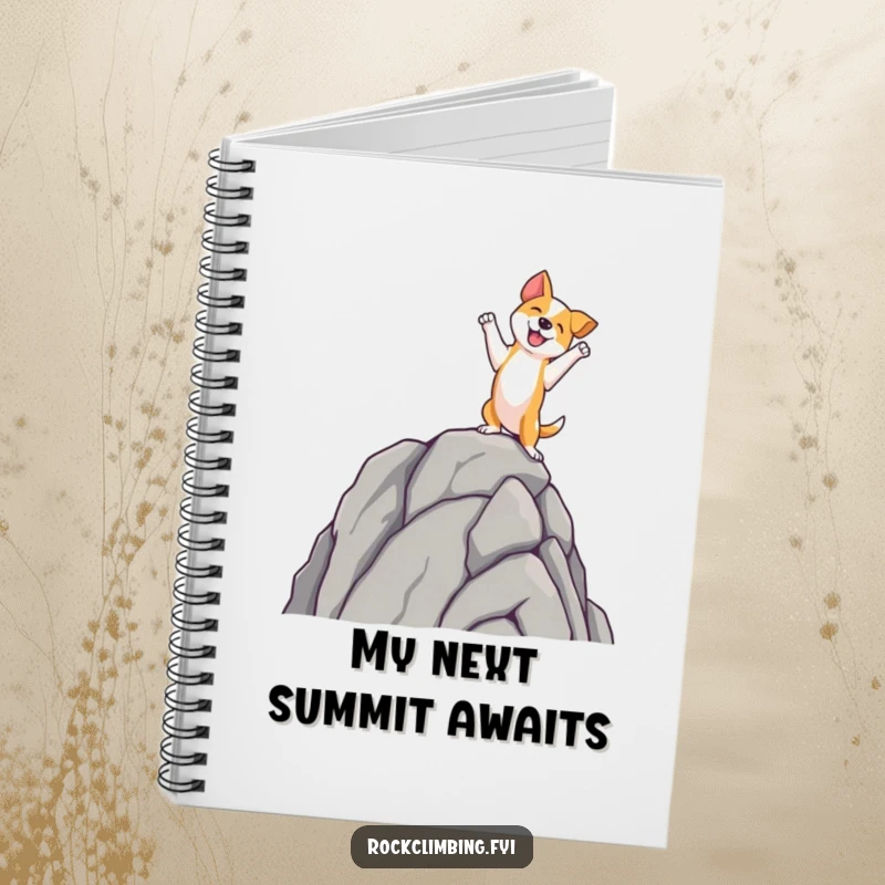 Funny dog notebook cover with a dog standing victoriously on a rock spire, ideal for noting funny ideas and plans.
