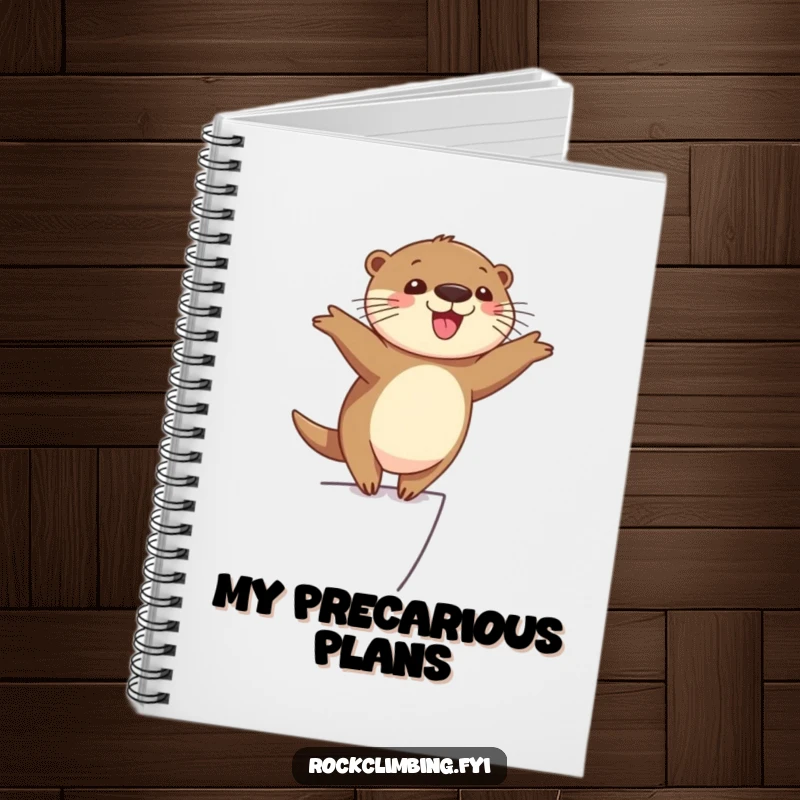 Funny cheerful otter balancing precariously on a narrow ledge with arms outstretched, looking happy and playful, a humorous notebook.