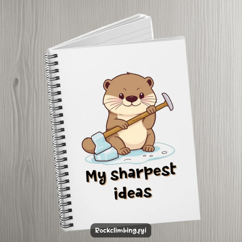 Funny Notebook with a cover showing a focused otter using a miniature ice axe for a secure grip, perfect for note-taking and planning.