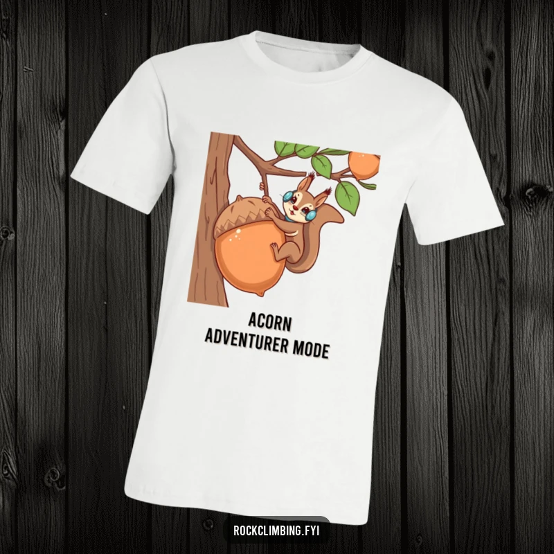 Funny squirrel in full climbing gear conquering a massive acorn, designed for adventure lovers.
