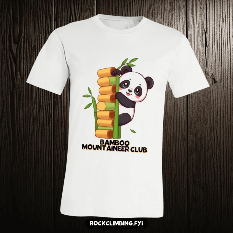 Funny panda determinedly climbing a giant bamboo stack on a t-shirt, representing achievement and humorous motivation.