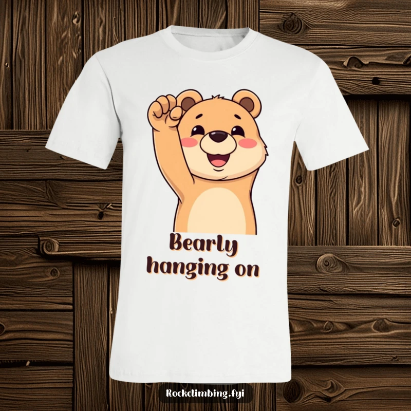 Funny t-shirt featuring a happy bear grinning while reaching for a challenging climbing hold, demonstrating enthusiastic effort.