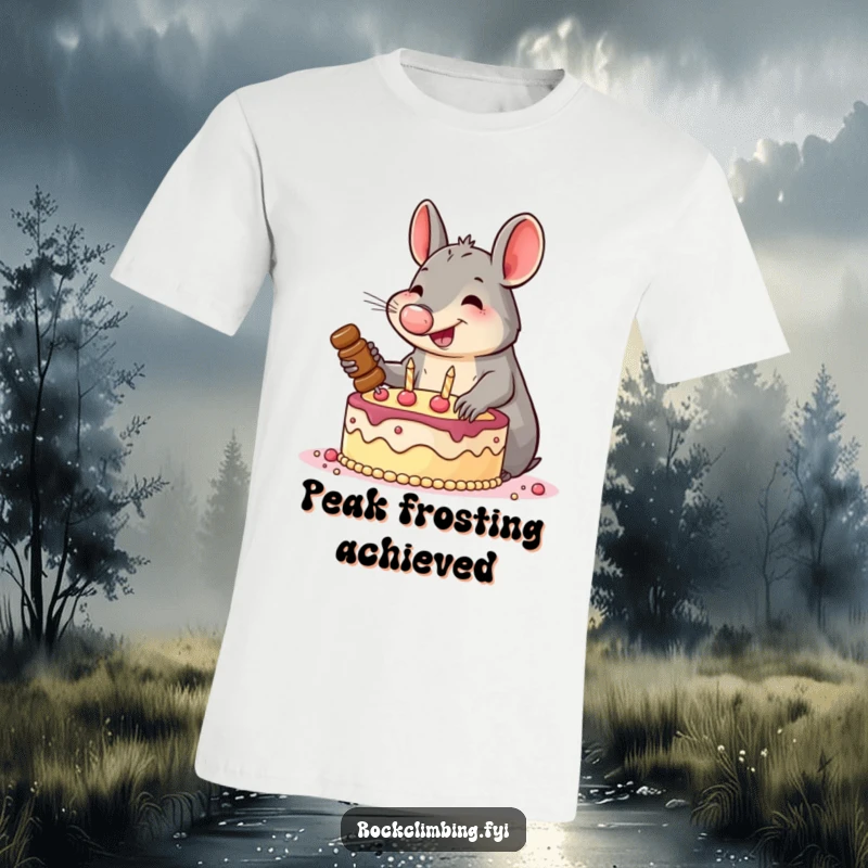 Funny t-shirt featuring a smiling aardvark enthusiastically hammering pitons into a cake, a comical representation of conquering sweet endeavors.