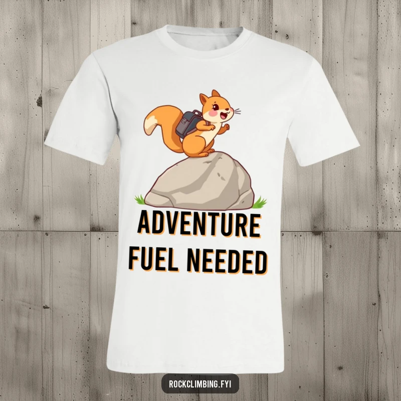 Funny joyful squirrel carrying a tiny backpack, ascending a large rock on a comfortable t-shirt.