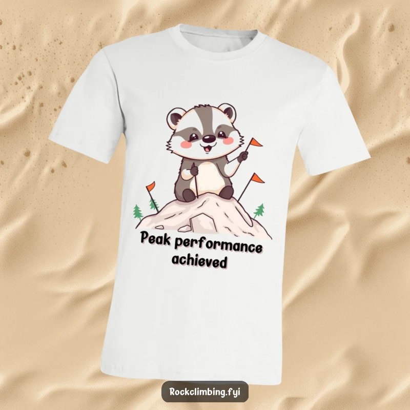 Funny badger t-shirt featuring a happy badger planting flags on a mountain summit, a humorous ode to reaching goals.