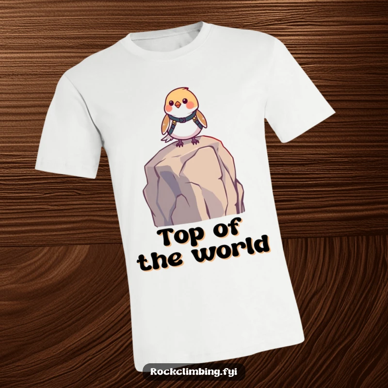 Funny bird harness t-shirt featuring a small bird with a harness, courageously perched on a high rock, ready for an epic flight. Humorous apparel.