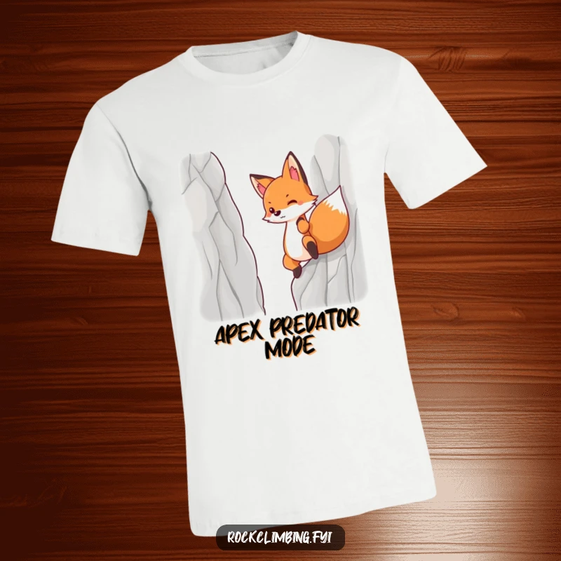 Funny t-shirt of a determined fox showing great effort as it pulls itself up a steep cliff.