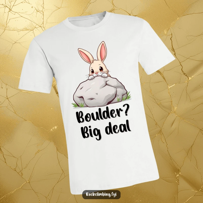 Funny T-Shirt with a determined-looking rabbit curiously peering over a giant boulder, ready for an exciting outdoor expedition.