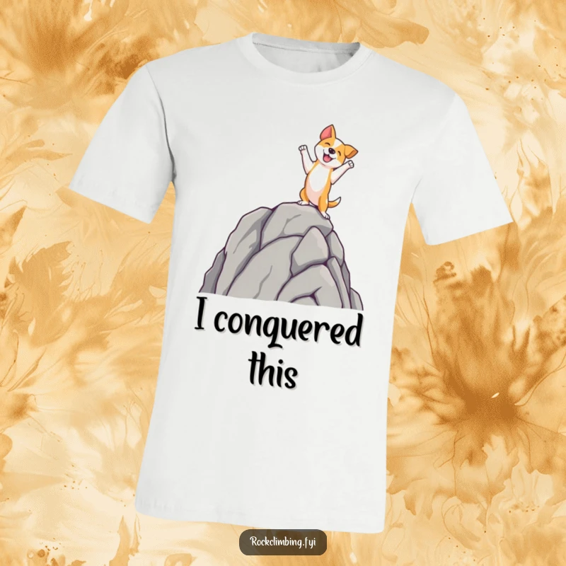 Funny dog t-shirt showing a smiling dog with paws planted on a rocky peak, capturing a funny moment of pure elation.