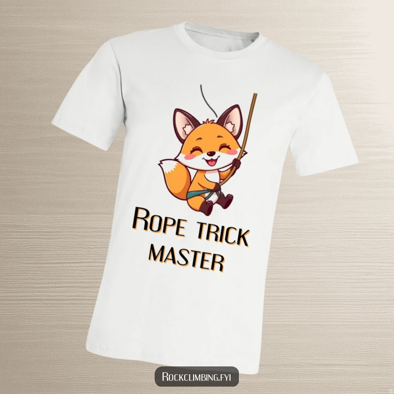 Funny t-shirt with a cheerful fox rappelling down a rock with a rope, looking excited about the descent.