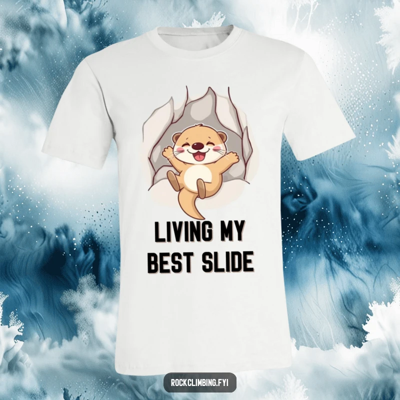 Funny Otter Sliding T-Shirt: A joyful otter grins as it slides down a smooth rock, embodying pure fun.