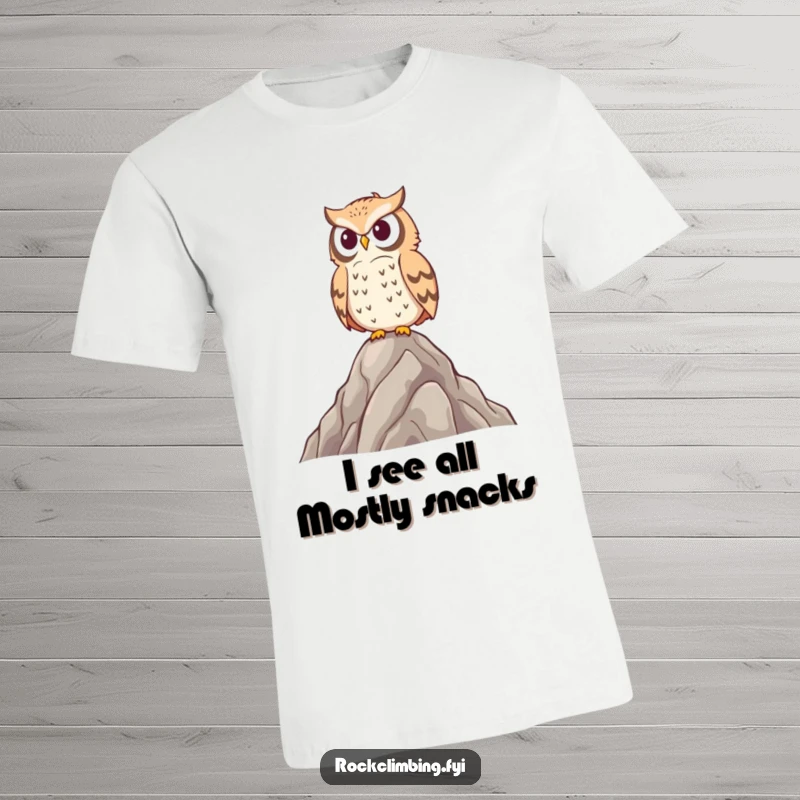 Funny proud owl t-shirt perched on a rocky summit, gazing out with wisdom, symbolizing intellect and a good laugh.