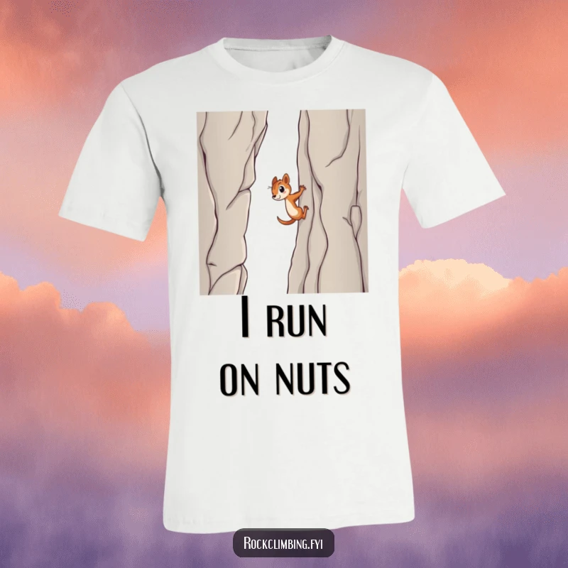 Funny squirrel t-shirt, illustrating a tenacious squirrel heroically ascending a daunting vertical rock face with incredible grip and resolve.