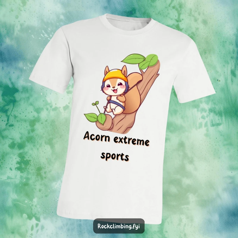 Funny squirrel in a helmet rappelling down a tiny sprout on a t-shirt, depicting extreme outdoor fun with humor.