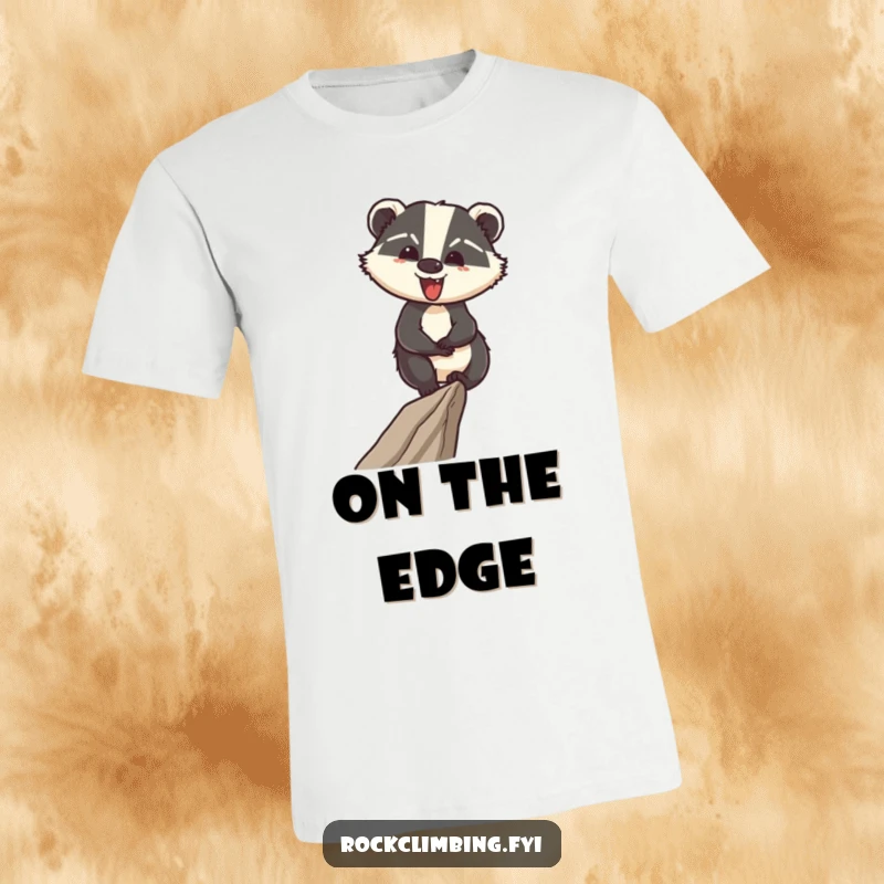 Funny t-shirt depicting a cheerful badger skillfully walking on a narrow ledge with assured steps, a symbol of confidence.