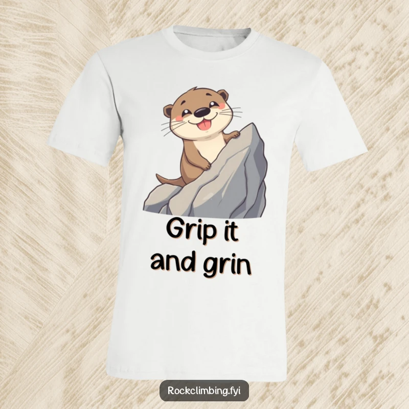 Funny Otter T-Shirt: A cheerful otter with a big grin triumphantly climbs a jagged rock, radiating pure, unadulterated joy.