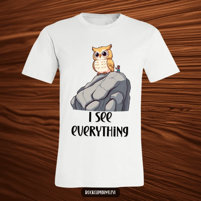 Funny wise owl perched on a rocky outcrop, observing a climber below with amusement on a T-shirt.