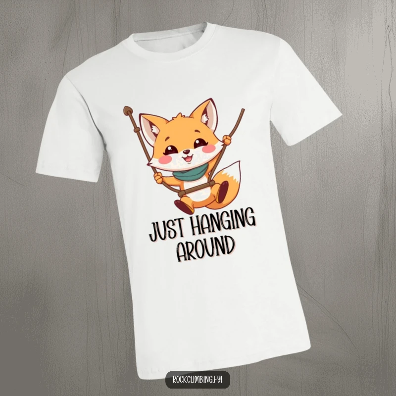 Funny fox t-shirt of a smiling fox courageously swinging on a rope, showcasing a joyful and daring personality.