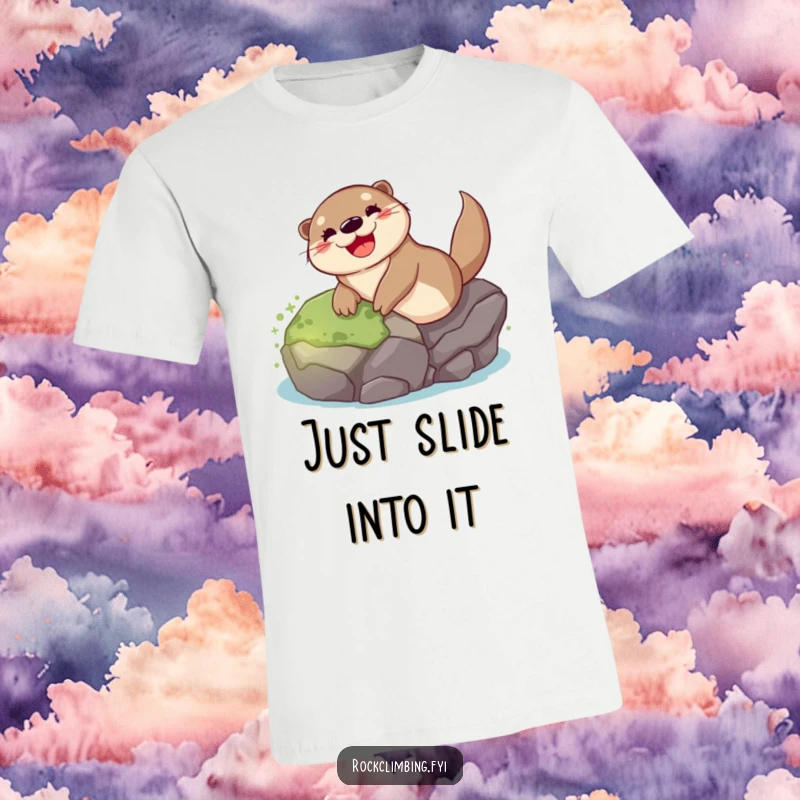 Funny otter t-shirt showing a happy otter gleefully sliding down a mossy rock, embodying pure fun and energetic movement.
