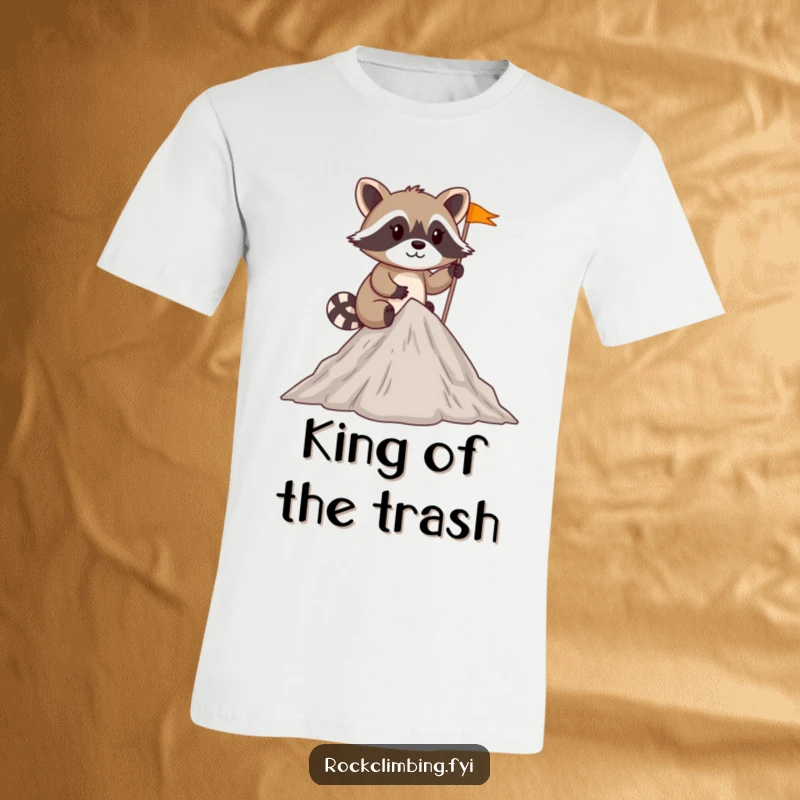 Funny mischievous raccoon planting a tiny flag at the summit of a small peak on a T-shirt.