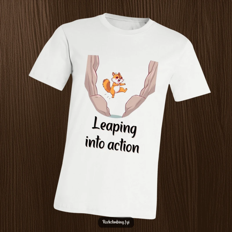 Funny determined squirrel captured mid-air leaping joyfully across a small chasm on a vibrant T-shirt.