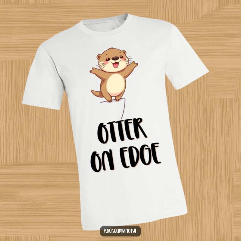 Funny cheerful otter balancing precariously on a narrow ledge with arms outstretched, looking happy and playful, a funny tee.